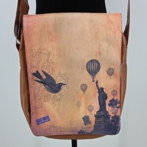 Vegan Leather Artisan Bird & Statue Print Satchel - Brown